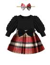 Vestido de bebê vermelho Qaoerde de manga folhada xadrez com faixa de cabeça Vestido de bebê vermelho Qaoerde de manga folhada xadrez com faixa de cabeça