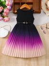 Vestido de bloqueio feminino gradiente, bainha plissada, sem mangas, cinto, verão