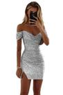Vestido de boas-vindas BITALY Cute Off Shoulder prateado com fenda