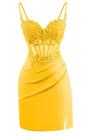 Vestido de boas-vindas Clothfun em ouro acetinado com apliques de renda 16W
