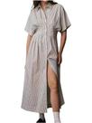 Vestido de camisa listrado em émbolo de manga curta para mulheres preto/branco