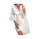 Vestido de cintura alta feminino, branco, decote em v, oco, renda, elegante, casual, verão