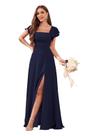 Vestido de dama de honra CDSSL com gola quadrada em chiffon azul marinho 16W
