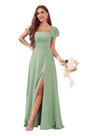 Vestido de dama de honra CDSSL com gola quadrada em chiffon verde sálvia 16W