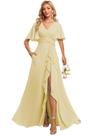 Vestido de dama de honra Deamify com decote em V, chiffon franzido, linha A, 26 W, amarelo