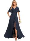 Vestido de dama de honra Deamify com decote em V, chiffon, manga esvoaçante, azul marinho