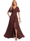 Vestido de dama de honra em chiffon cor de vinho com decote em V e manga esvoaçante