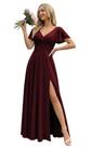 Vestido de dama de honra FUMY Burgundy com mangas esvoaçantes e decote em V