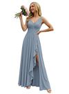 Vestido de dama de honra KJHUTAY simples em evasê com decote em V, babados, azul empoeirado