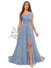 Vestido de dama de honra Mmufk Chiffon de um ombro, babados, azul empoeirado
