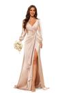 Vestido de dama de honra PUXIU 2026, manga comprida, decote em V, champanhe, US14