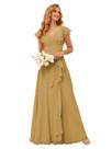 Vestido de dama de honra TIRAS, chiffon dourado, babados, manga curta, manga curta, feminino Vestido de dama de honra TIRAS, chiffon dourado, babados, manga curta, manga curta, feminino