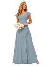 Vestido de dama de honra TIRAS Ruffle Chiffon Dusty Blue para mulheres Vestido de dama de honra TIRAS Ruffle Chiffon Dusty Blue para mulheres