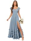 Vestido de dama de honra TXDBB em camadas, chiffon longo, azul empoeirado, tamanho 8