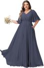 Vestido de dama de honra YMSHA com decote em V A Line plissado azul chiffon plus size