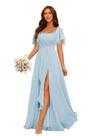 Vestido de dama de honra ZUMEIJIA Chiffon de manga curta azul celeste feminino