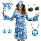 Vestido de fantasia MRYUWB Hippie dos anos 70 com colar, brincos, óculos de sol