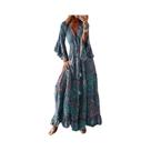 Vestido De Férias Com Estampa Floral Boêmia, Decote Em V, Cintura Alta E Mangas Largadas Para