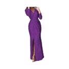 Vestido De Festa Longo Elegante Feminino Com Decote V Brilhante Para Outono - Saia Sólida Sexy