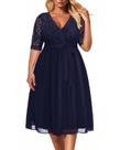 Vestido de festa Pinup Fashion azul marinho, renda, chiffon plus size
