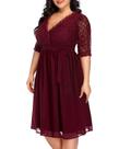 Vestido de festa Pinup Fashion Plus Size Borgonha Red Lace