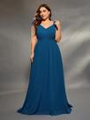 Vestido De Festa plus Size Com Decote Em V, Manga Dupla Camada E Detalhe De Lótus Em Chiffon Para