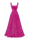 Vestido de formatura Miao Duo Sequin Spaghetti Strap A Line Fuchsia