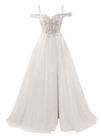 Vestido de formatura WWOM 2026 Off Shoulder, tule, renda, frisado, branco