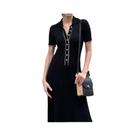Vestido De Malha Branco Com Patchwork Para Mulheres, Manga Curta, Elegante, Cintura Alta, Vestido De