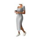 Vestido De Malha Feminino Primavera Verão Casual Com Manga Curta E Gola Quadrada Com Fenda Lateral Vestido De Malha Feminino Primavera Verão Casual Com Manga Curta E Gola Quadrada Com Fenda Lateral