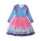 Vestido De Manga Comprida Com Estampa De Sereia Para Meninas, Vestido Tutu De Tule Em Camadas