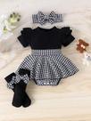 Vestido De Manga Curta Com Estampa Houndstooth Para Meninas De 0 a 1 Ano, 3 Peças, Estilo Doce E