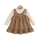 Vestido De Manga Longa Para Menina Com Laço, Estilo Falso De Duas Peças, Primavera E Outono, 9 Meses