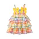 Vestido de menina com laço amarelo, novo verão de roupas infantis xadrez coloridas (6 meses -3 anos)