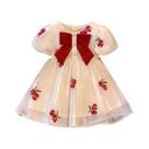 Vestido De Menina Com Manga Bufante E Laço, Estilo Princesa Casual, Tema Urso Divertido