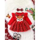 Vestido De Natal Para Meninas Bebês Com Aplique De Rena Vermelha E Saia De Tule Xadrez De Manga