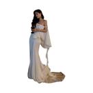 Vestido De Noiva Longo Elegante Sem Costas Para Mulheres Com Flores 3D, Decote Canoa E Franjas