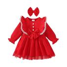 Vestido De Princesa Vermelho De Natal Para Bebê Menina Com Mangas Longas E Renda Branca 2 Peças 3-24