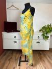 Vestido de seda midi ponta assimétrica drapeado bordado verde e amarelo vintage alças finas tam g
