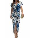 Vestido de verão CHICME com estampa floral com decote em V, fenda franzida, azul S