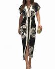 Vestido de verão CHICME com estampa floral com decote em V, fenda franzida, preto