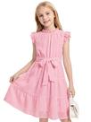 Vestido de verão Cubear Ruffle Sleeve A-Line com cinto Girl 6-15Y rosa