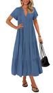 Vestido de verão KIRUNDO 2025 com decote em V, manga curta, botão, azul Vestido de verão KIRUNDO 2025 com decote em V, manga curta, botão, azul