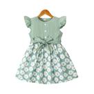 Vestido De Verão Para Meninas Com Estampa Floral, Detalhe De Botão, Gola Redonda, Manga Curta,