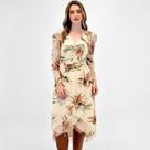 Vestido Doce Trama Midi Estampado Manga Longa em Tule Feminino