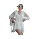 Vestido Elegante De Chiffon Para Mulheres Com Manga Longa, Decote Em V Profundo, Renda E Cintura