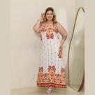 Vestido Elegante Longo Estampado Regata Alça Larga Plus Size
