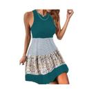 Vestido Elegante plus Size Com Estampa Floral E Listras, Com Babados, Sem Mangas, Gola Redonda, Vestido Elegante plus Size Com Estampa Floral E Listras, Com Babados, Sem Mangas, Gola Redonda,