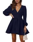 Vestido FAIABLE Mini Deep com decote em V e manga comprida para mulheres, azul marinho