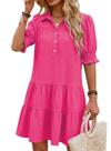 Vestido FEKOAFE 2026 com decote V, mangas plissadas de comprimento médio, rosa